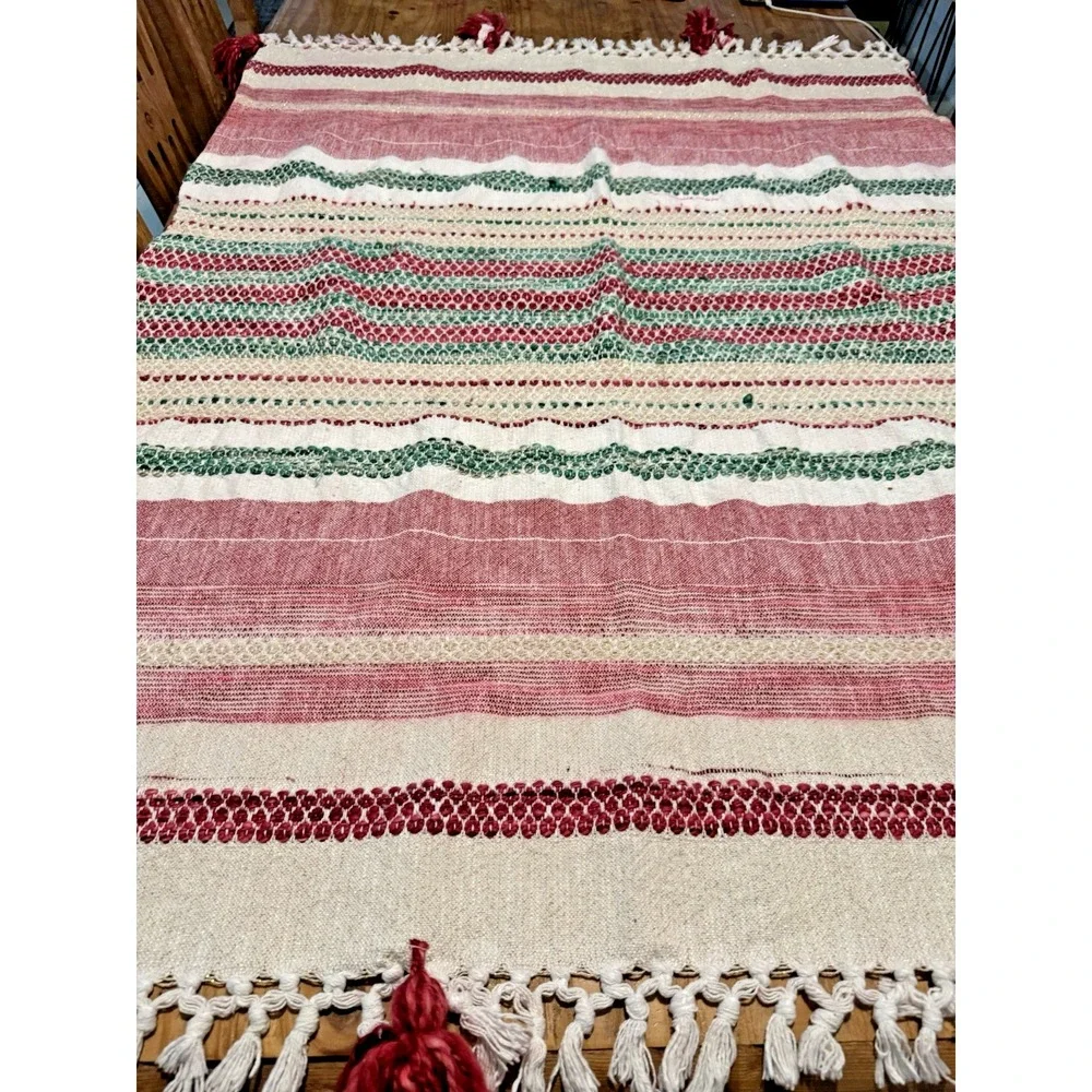 Max Studio Home Woven Throw Blanket Red Green Cream Metallic Fringe Tassels
